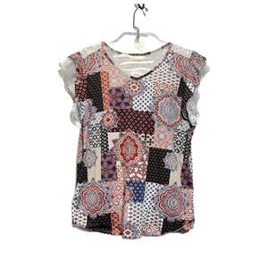 Bobbie Brooks Blouse Womens Size Large Blue Red Patchwork Ruffle N Lace Shirt